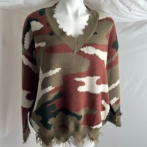 Main Strip multicolor camouflage v-neck distressed edges sweater